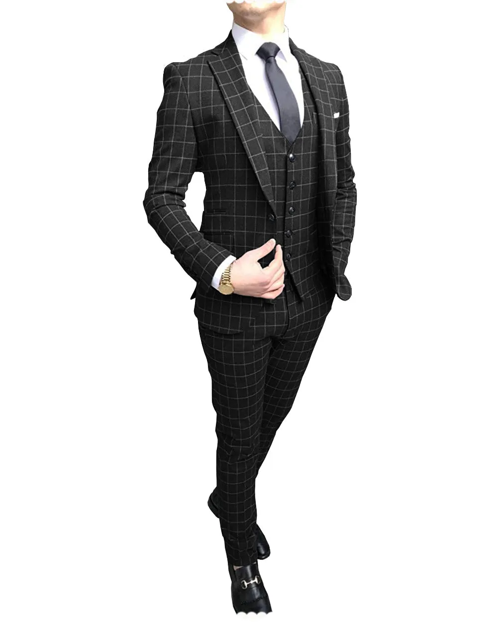 Formal Mens Suit Notch Lapel Blazer Plaid 3 Pieces (Blazer vest Pants)