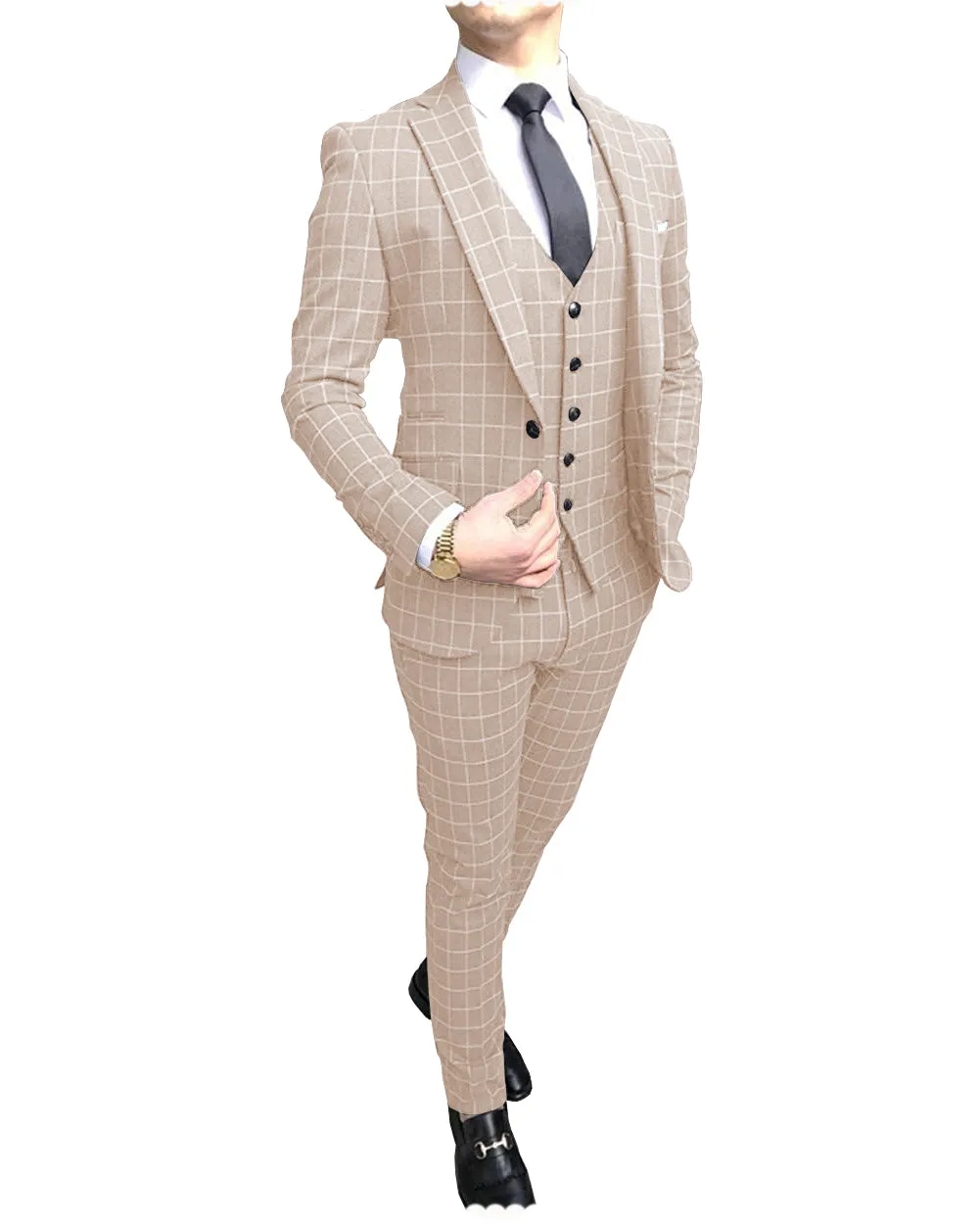 Formal Mens Suit Notch Lapel Blazer Plaid 3 Pieces (Blazer vest Pants)