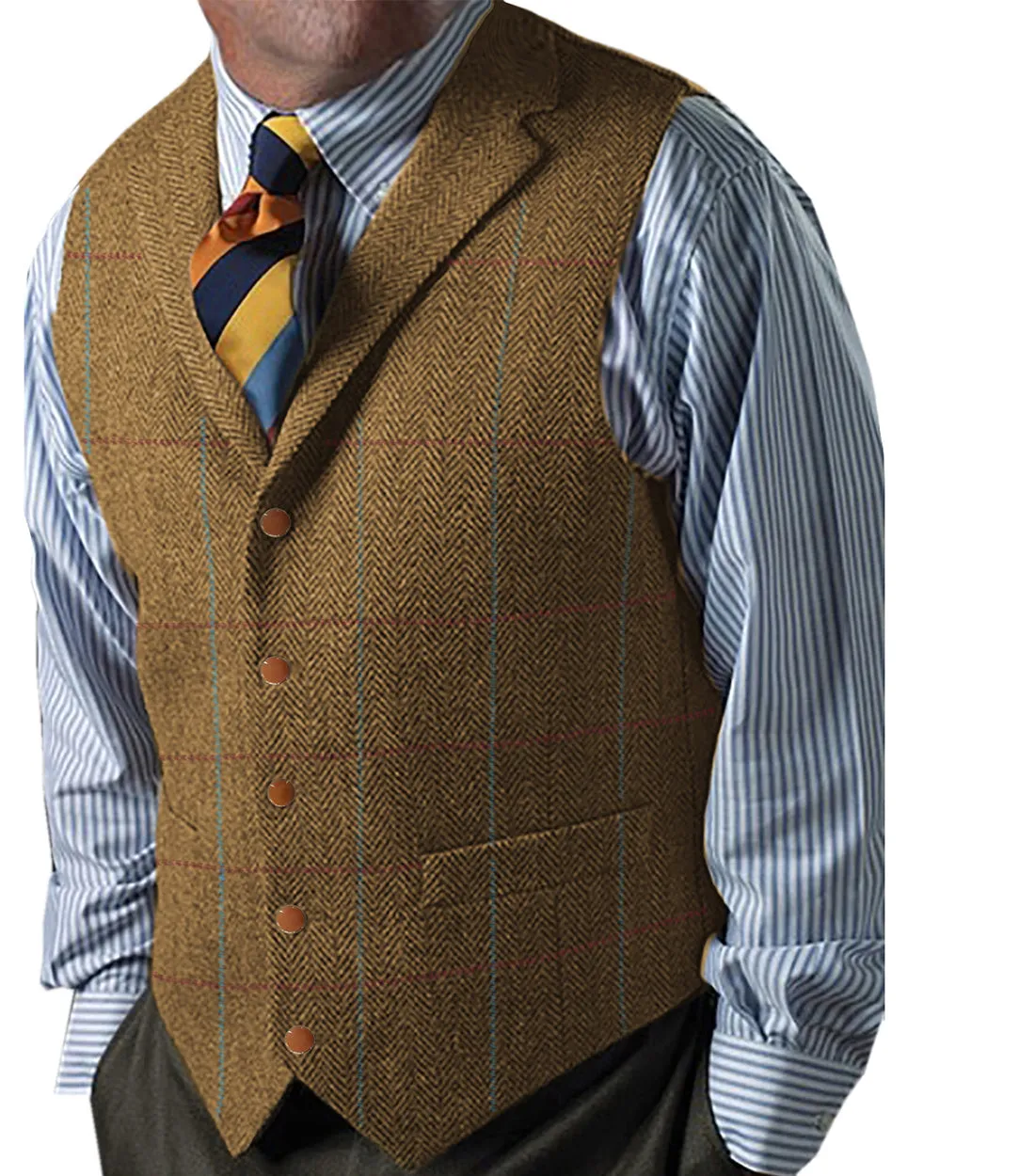 Formal Men's Suit Vest Herringbone Plaid Notch Lapel Waistcoat for Wedding