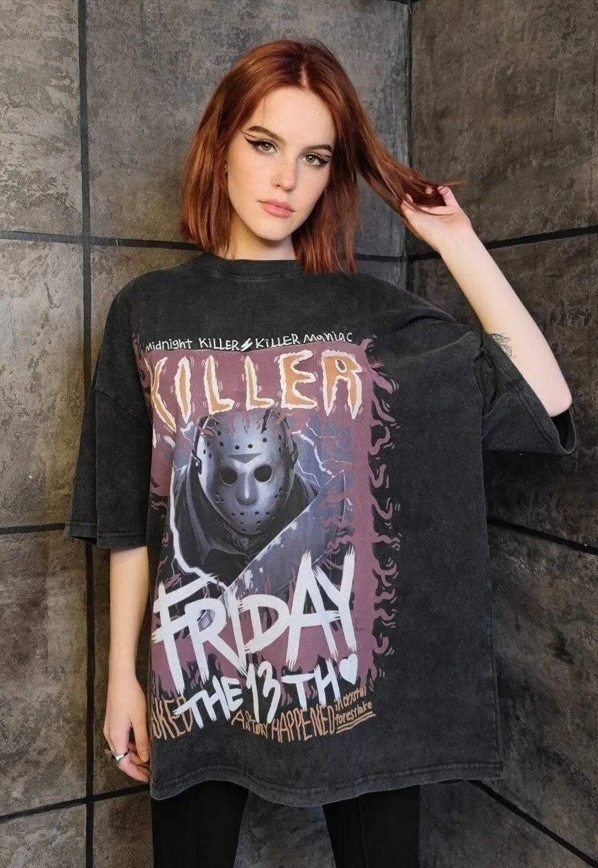 Friday 13th t-shirt vintage wash Horror movie tee acid grey