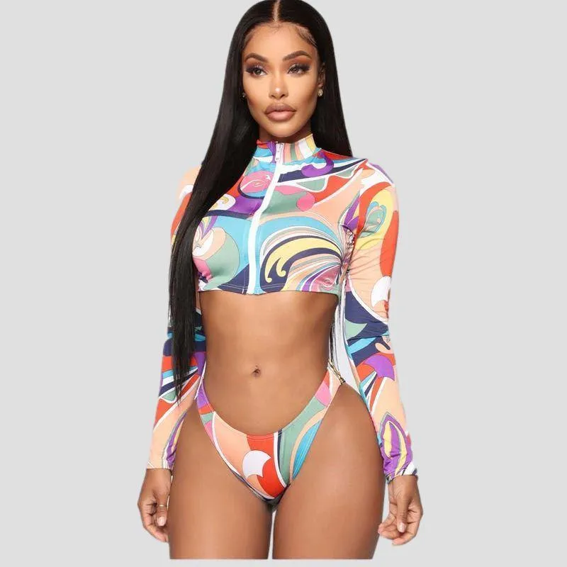 Front Zipper Long Sleeve Printed Set Swimwear