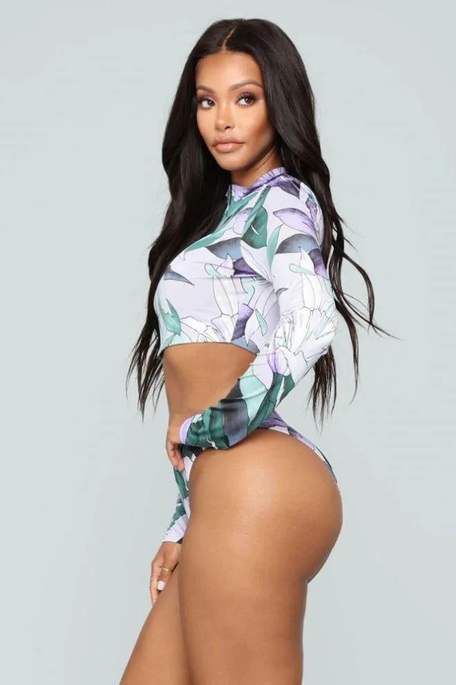 Front Zipper Long Sleeve Printed Set Swimwear