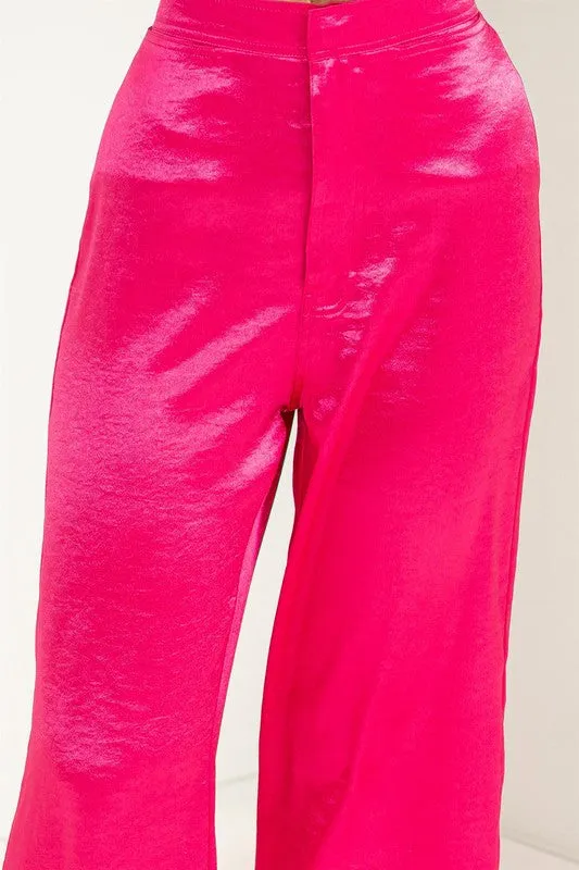 Fuchsia Set To Love Satin High-Waist Wide Leg Pants