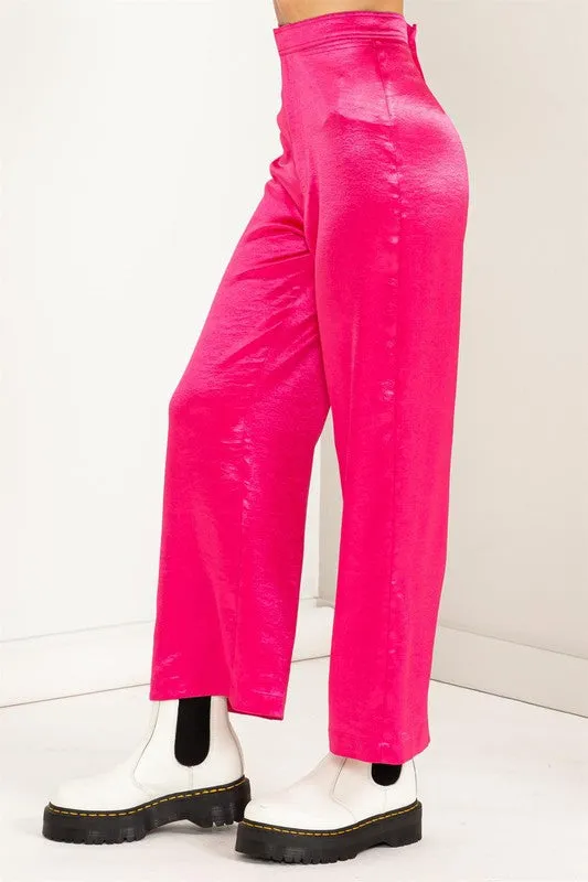 Fuchsia Set To Love Satin High-Waist Wide Leg Pants