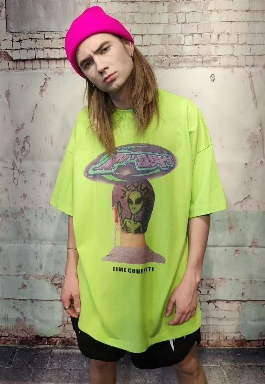 Futuristic raver tee Alien skinhead print t-shirt in green