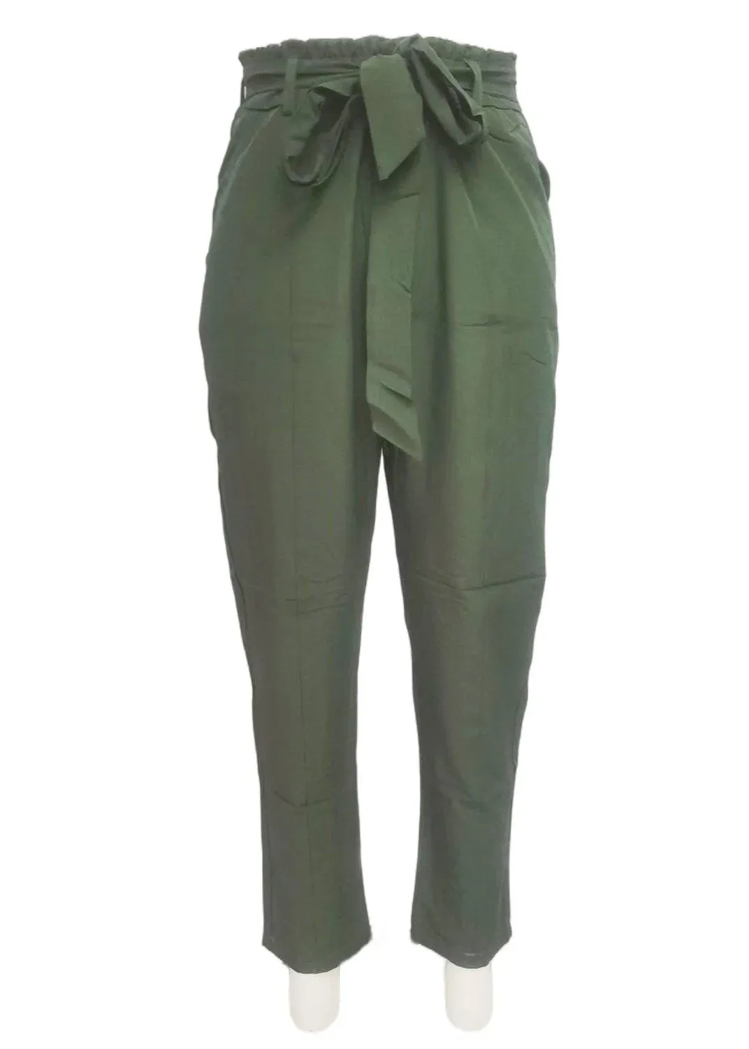 Green Casual Paperbag Waist Straight Leg Pants With Belt