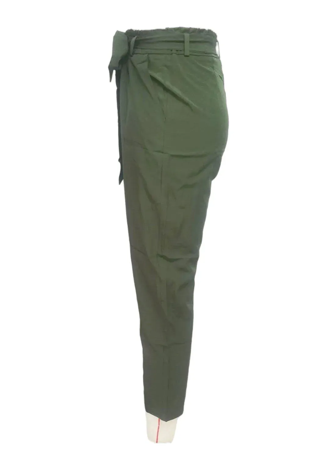 Green Casual Paperbag Waist Straight Leg Pants With Belt