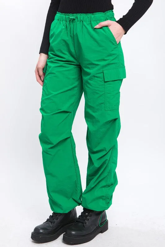 Green Loose Fit Parachute Cargo Pants