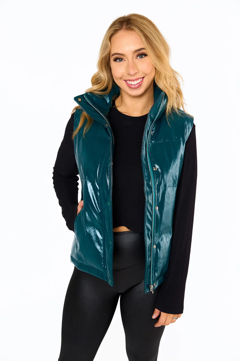 Helen Vegan Leather Puffer Vest - Jade