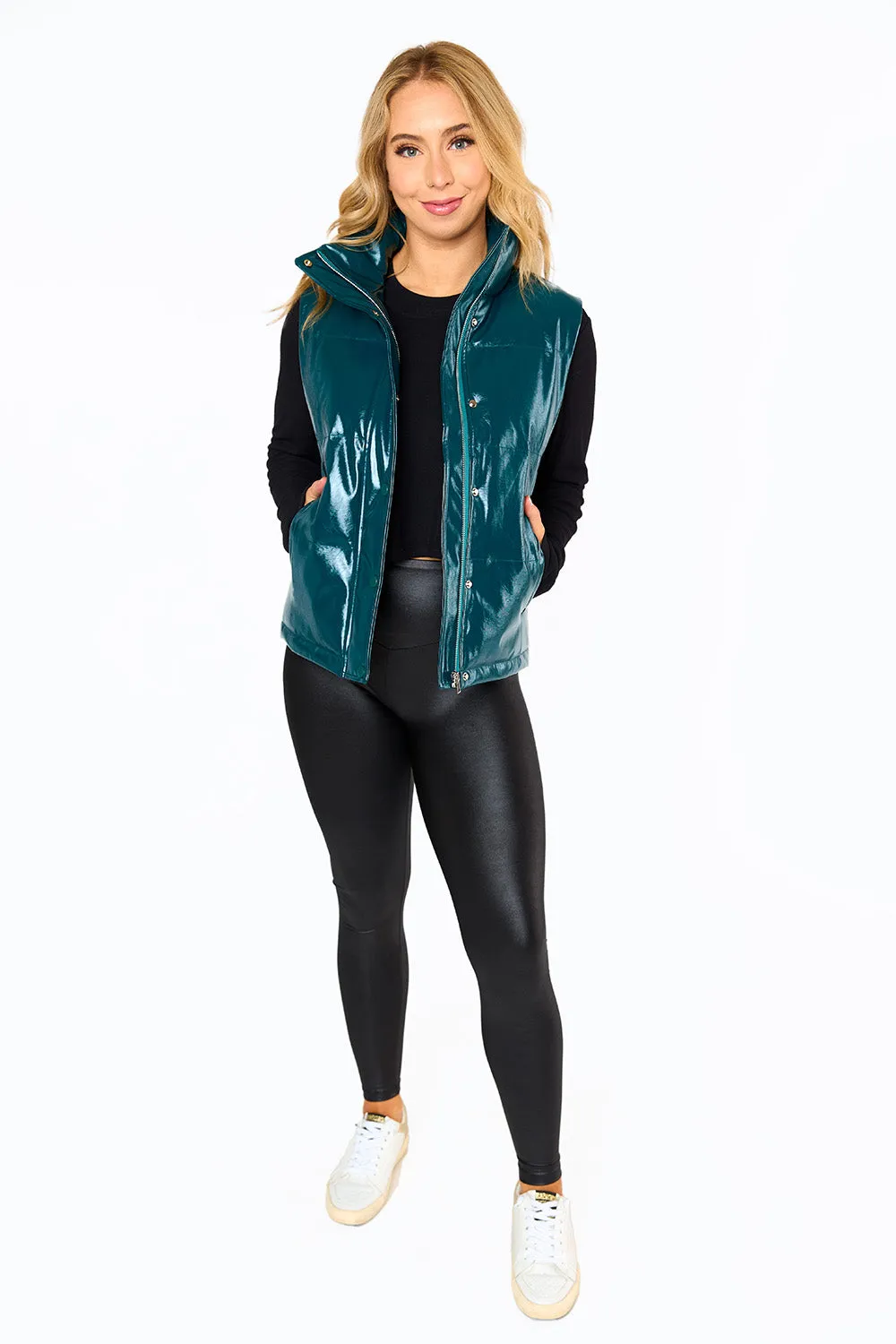 Helen Vegan Leather Puffer Vest - Jade