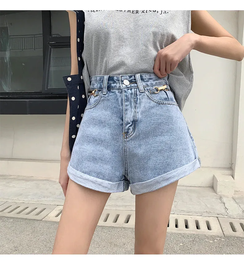 High Waist Retro Crimping Denim Shorts Jeans