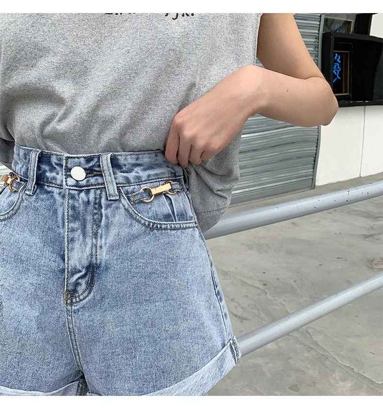 High Waist Retro Crimping Denim Shorts Jeans