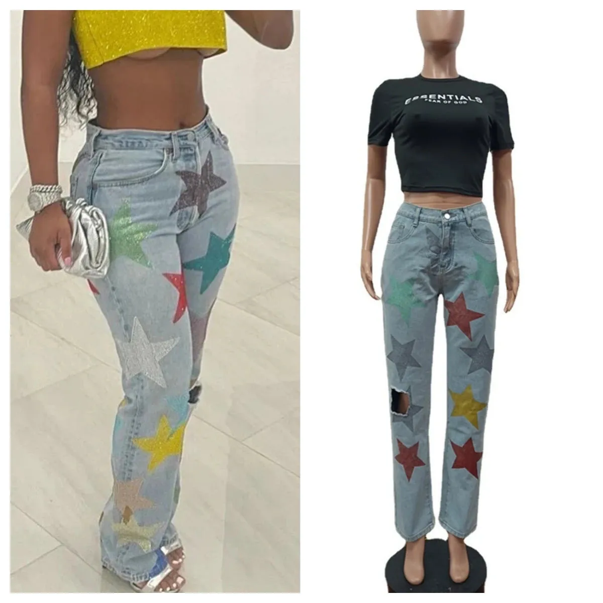 Hight Waist Sequin Stars Denim Pants Hole Skinny Pencil Pants