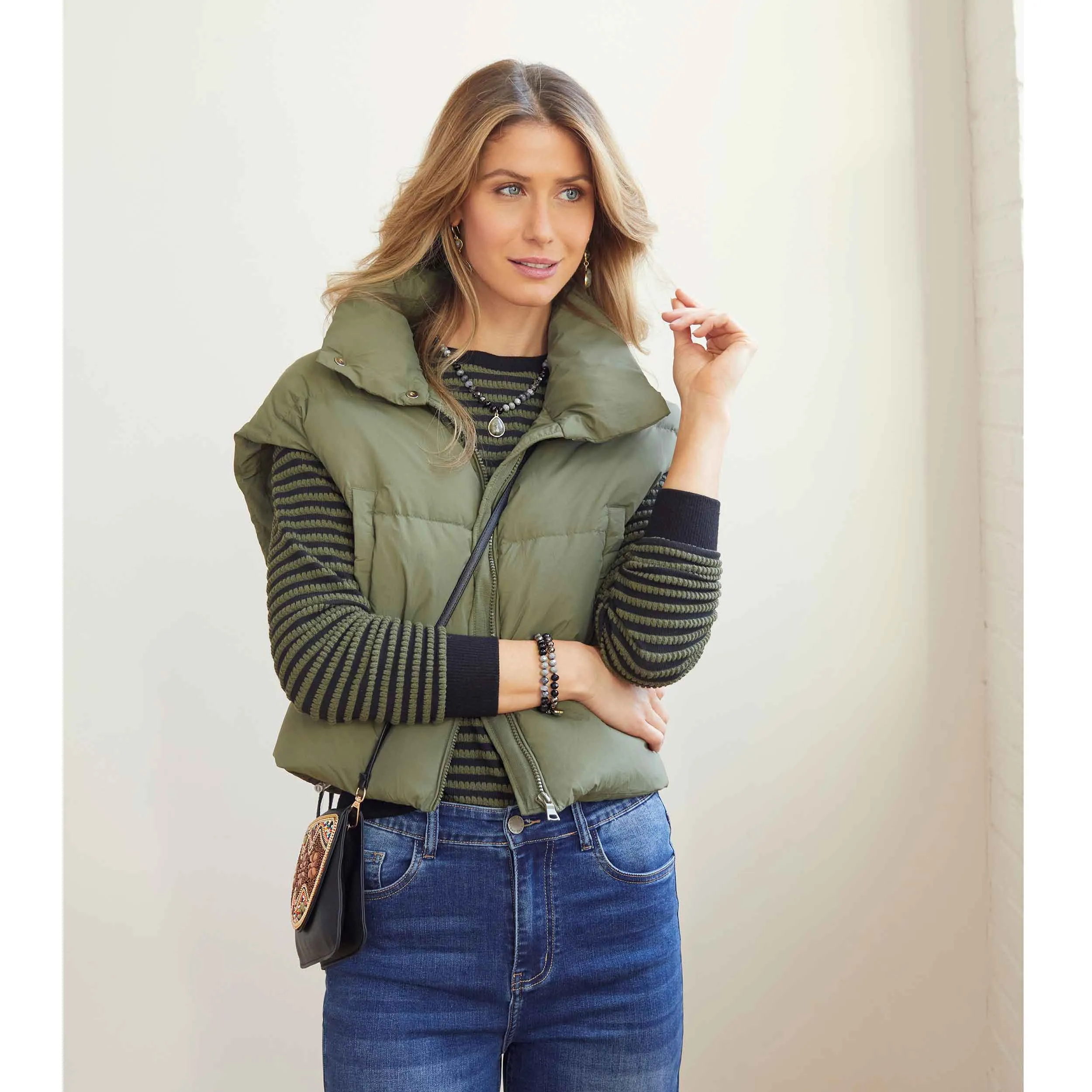 Jana Chunky Down Vest with Cinched Bottom - Olive