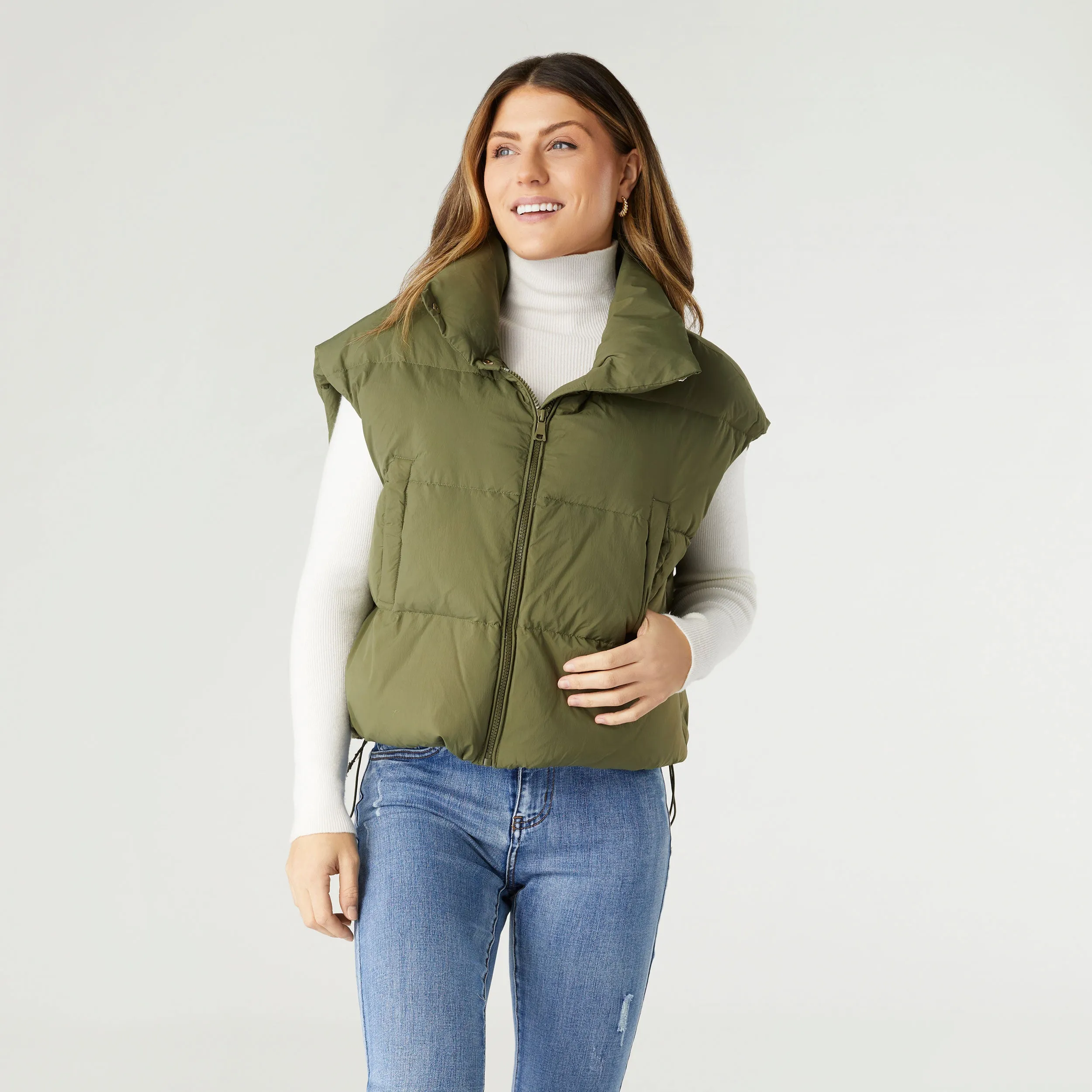 Jana Chunky Down Vest with Cinched Bottom - Olive