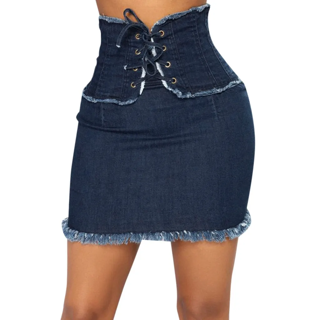 Jeans Lace Up Skirt Women's High Waist Bodycon