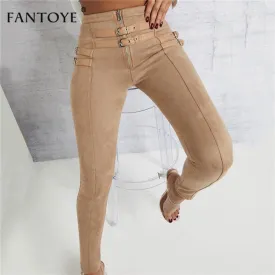 Joskaa Fantoye Women Casual Bodycon Bandage Suede Pants 2024 Classic Basic Khaki Trousers Ladies Pencil Pants Elastic Women‘s Pants