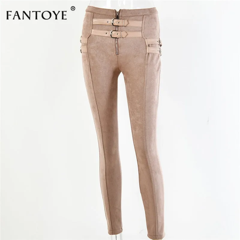 Joskaa Fantoye Women Casual Bodycon Bandage Suede Pants 2024 Classic Basic Khaki Trousers Ladies Pencil Pants Elastic Women‘s Pants