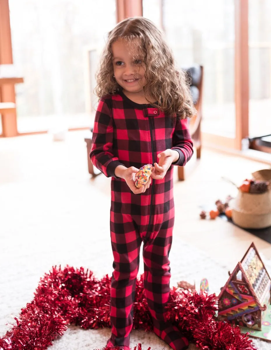 Kid's Footed Red & Black Plaid Cotton Pajamas