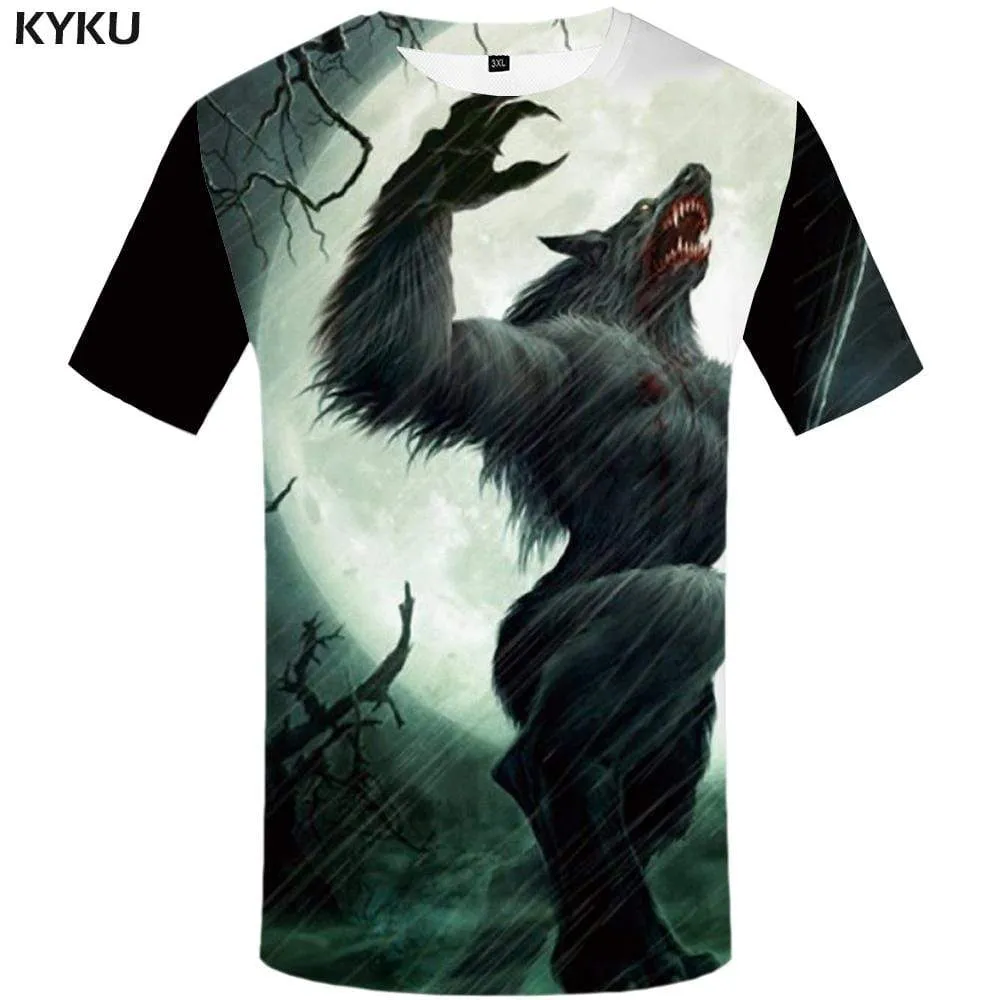 KYKU Wolf T-shirts Men Moon Tshirt Anime Animal T shirts Funny War Tshirts Print Blood T-shirt 3d Mens Clothing Casual Cool