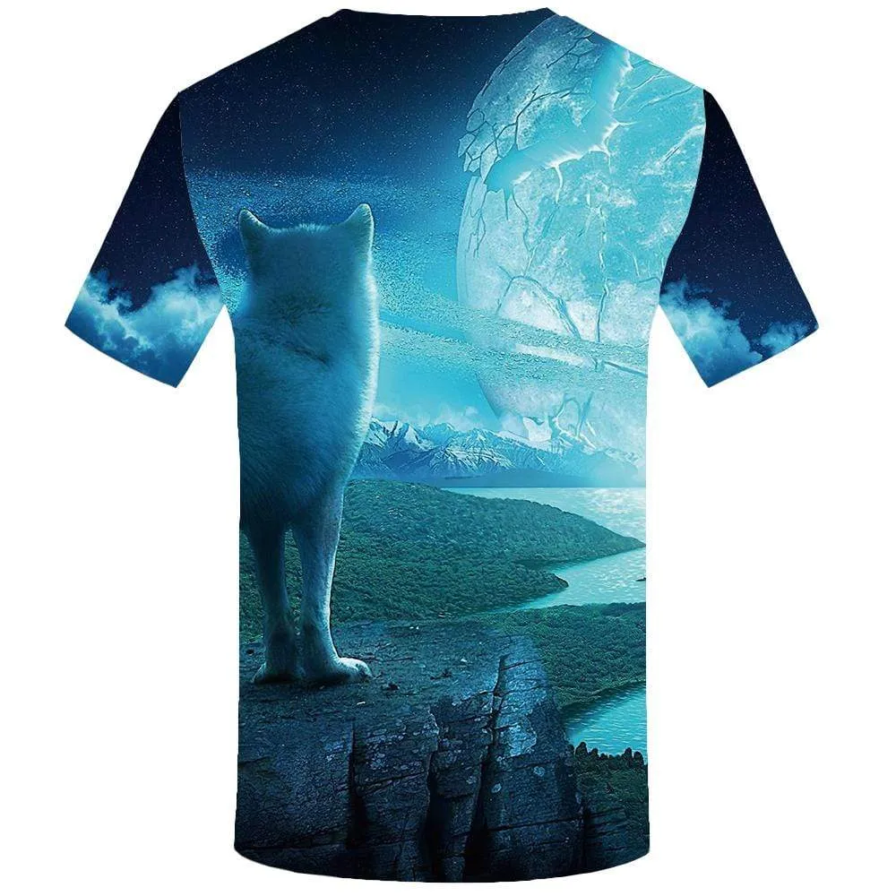 KYKU Wolf T-shirts Men Moon Tshirts Print Animal Tshirt Anime Mountain T-shirt 3d Galaxy T shirts Funny Mens Clothing Graphic