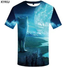 KYKU Wolf T-shirts Men Moon Tshirts Print Animal Tshirt Anime Mountain T-shirt 3d Galaxy T shirts Funny Mens Clothing Graphic