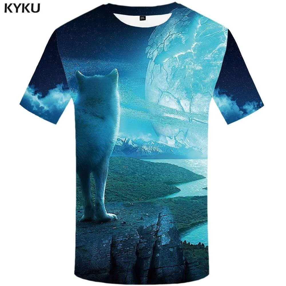 KYKU Wolf T-shirts Men Moon Tshirts Print Animal Tshirt Anime Mountain T-shirt 3d Galaxy T shirts Funny Mens Clothing Graphic