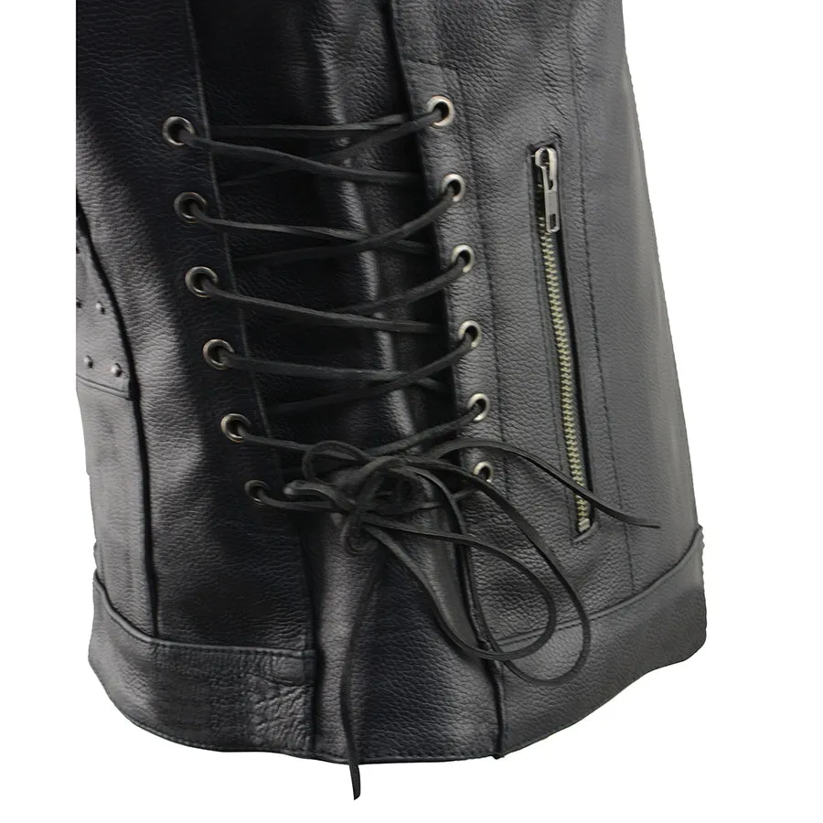 Ladies Black Leather V Neck Zipper Front Vest with Rivet Details