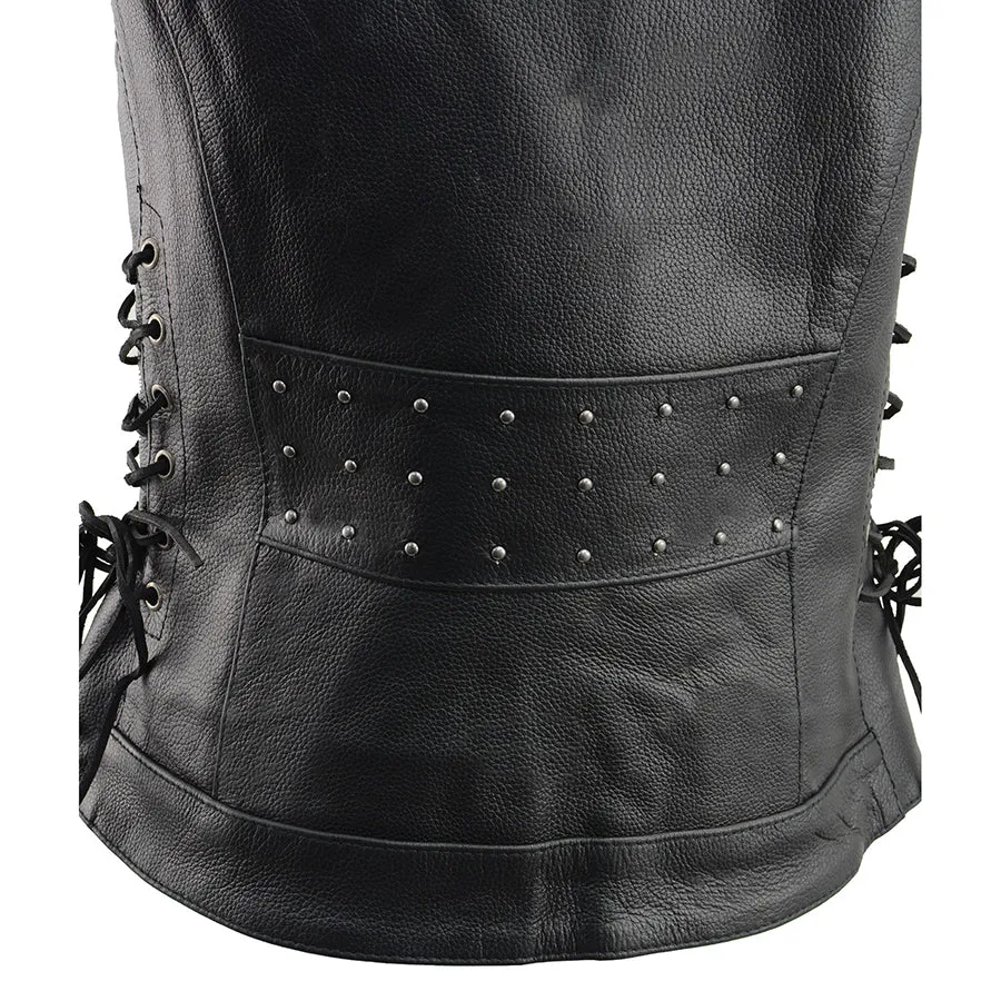 Ladies Black Leather V Neck Zipper Front Vest with Rivet Details