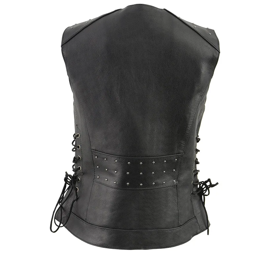 Ladies Black Leather V Neck Zipper Front Vest with Rivet Details