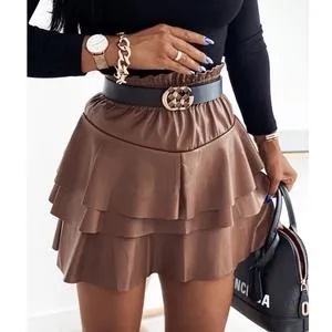 Ladies high-Waist Mini leather Puff Skirt