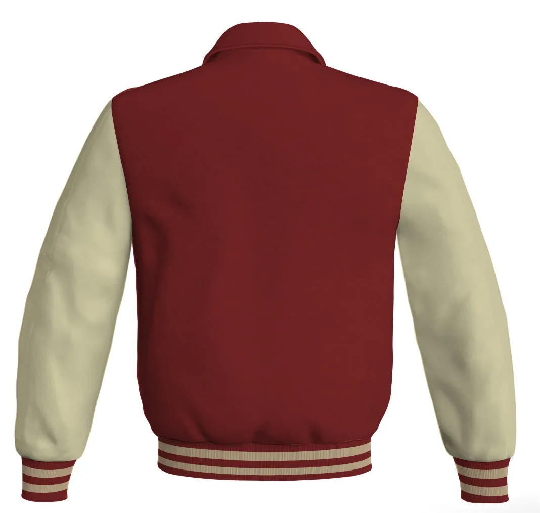 Luxury Bomber Classic Jacket Maroon Body and Cream Leather Sleeves