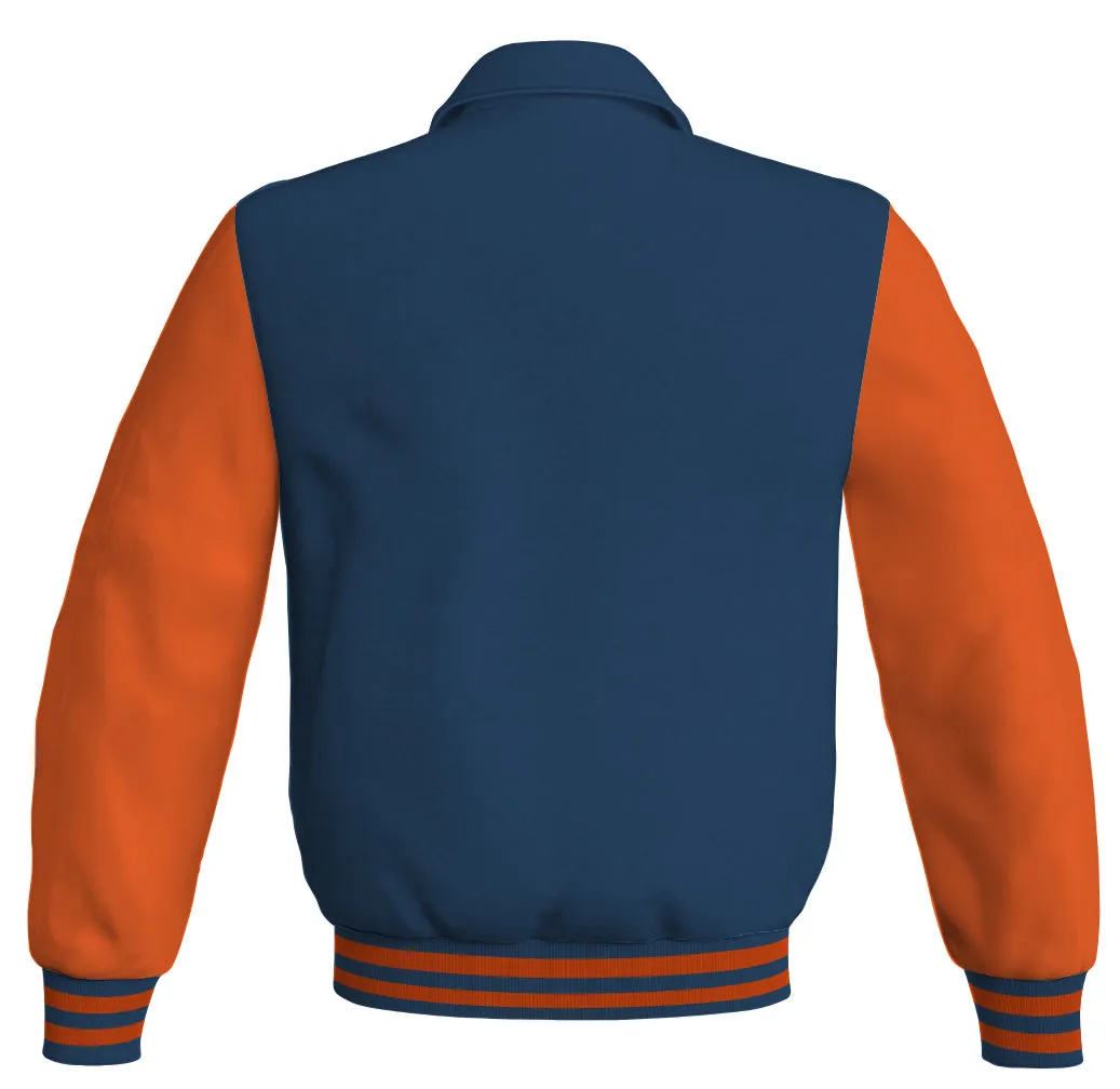 Luxury Bomber Classic Jacket Navy Blue Body and Orange Leather Sleeves