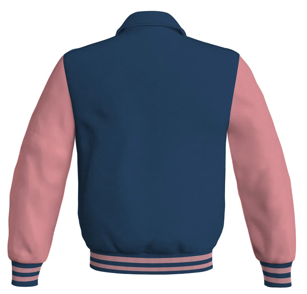 Luxury Bomber Classic Jacket Navy Blue Body and Pink Leather Sleeves