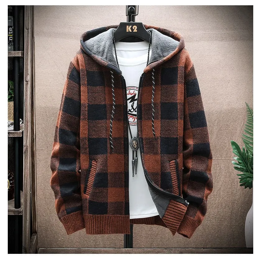 Men Plaid Print Slant Pocket Thermal Lined Drawstring Hooded Jacket