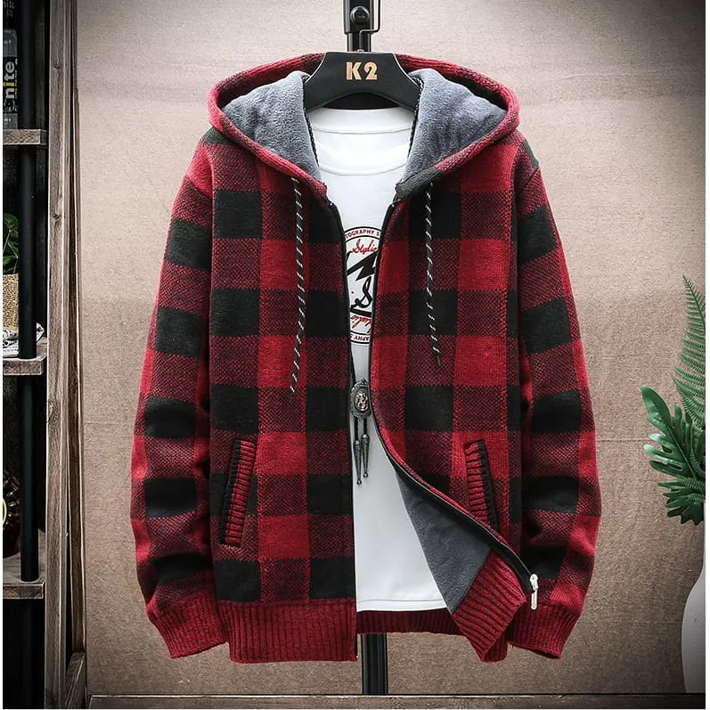 Men Plaid Print Slant Pocket Thermal Lined Drawstring Hooded Jacket