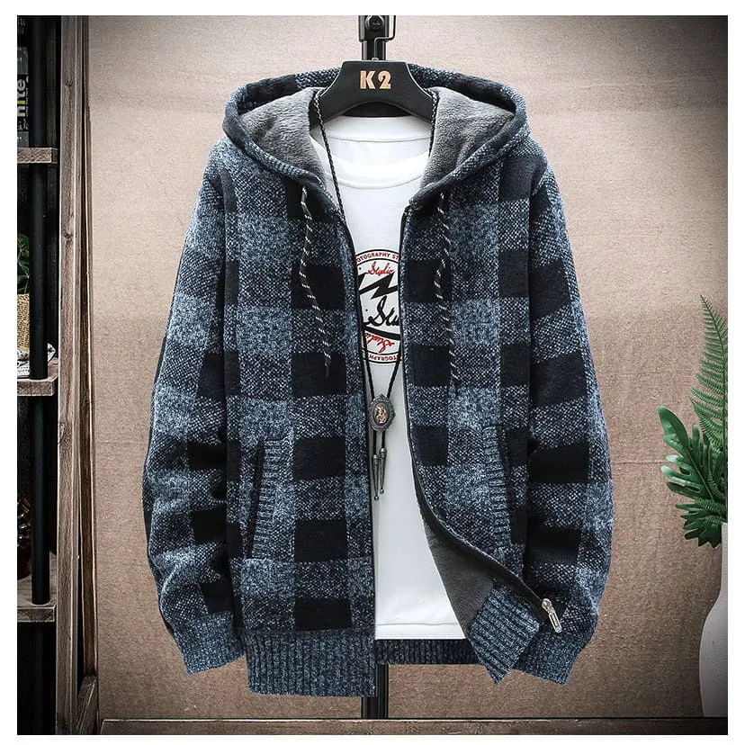 Men Plaid Print Slant Pocket Thermal Lined Drawstring Hooded Jacket