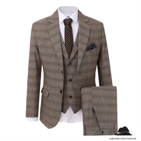 Men's 3 Pieces Formal Plaid Notch Lapel Suit (Blazer Vest Pants)