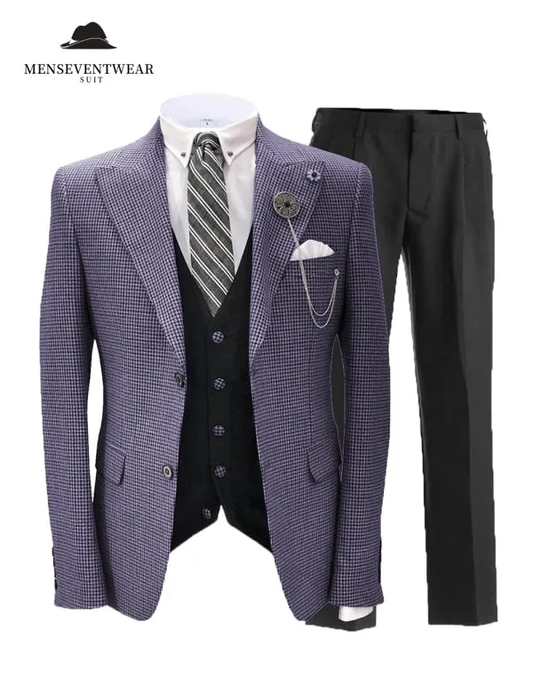 Men's 3 Pieces Slim Fit Houndstooth Peak Lapel Tuxedos (Blazer vest Pants)