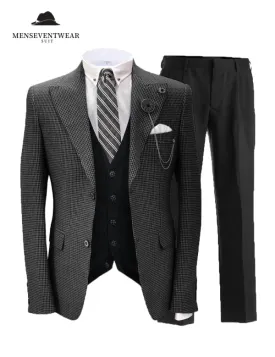 Men's 3 Pieces Slim Fit Houndstooth Peak Lapel Tuxedos (Blazer vest Pants)