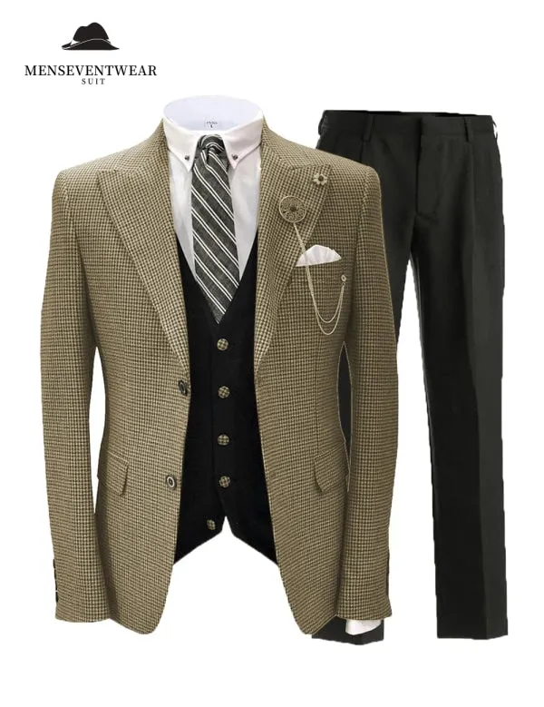 Men's 3 Pieces Slim Fit Houndstooth Peak Lapel Tuxedos (Blazer vest Pants)