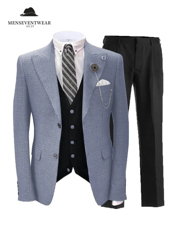 Men's 3 Pieces Slim Fit Houndstooth Peak Lapel Tuxedos (Blazer vest Pants)