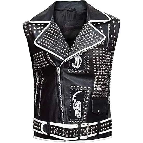 Mens Black Leather Studded Biker Vest