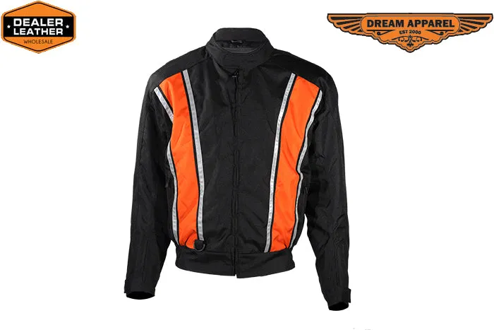 Men's Black Light Textile Motorcycle Jacket w/ Orange Stripe Design