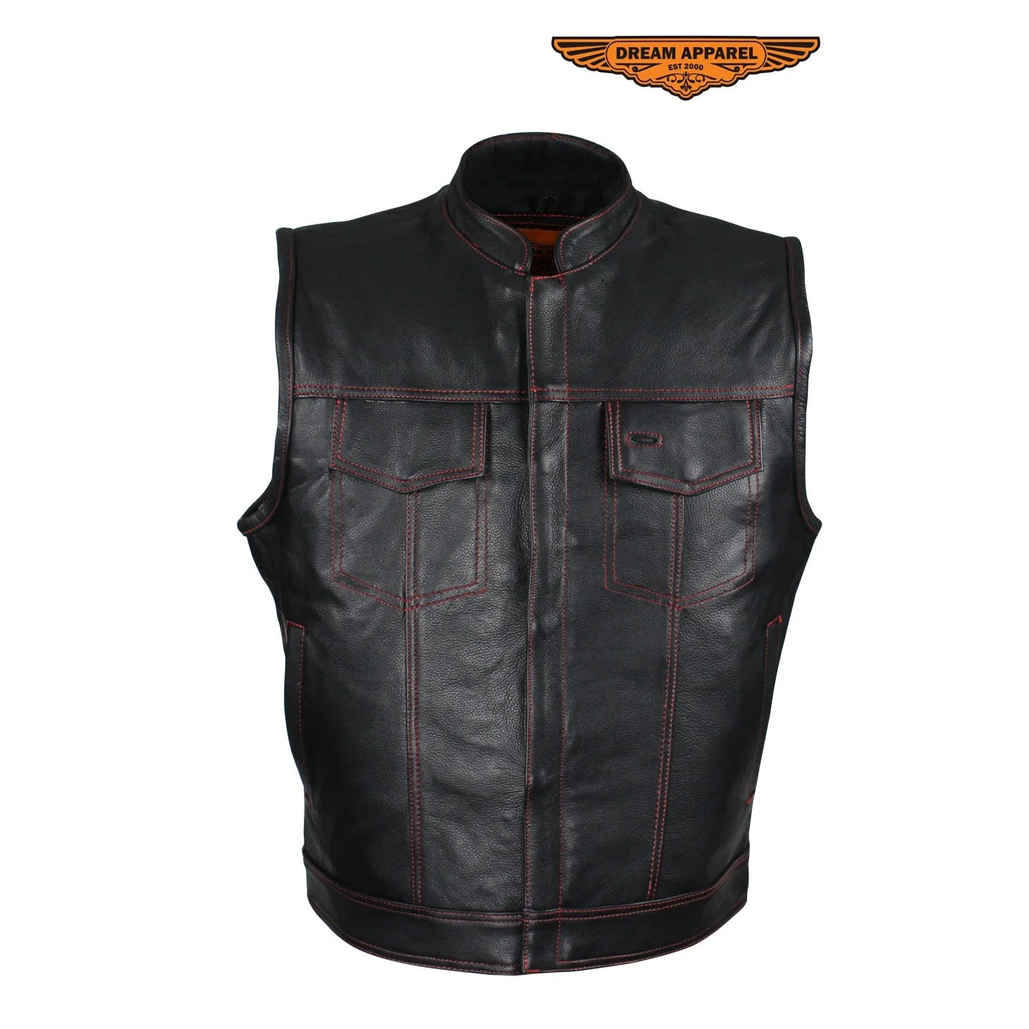 Men's Black Naked Cowhide Leather Motorcycle Vest W/ Red Stitching