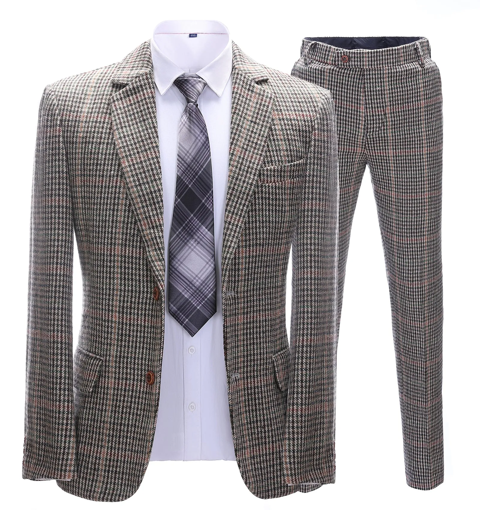 Men's Business 2 Pieces Formal Khaki Plaid Notch Lapel Tuxedos for Wedding(Blazer Pants)