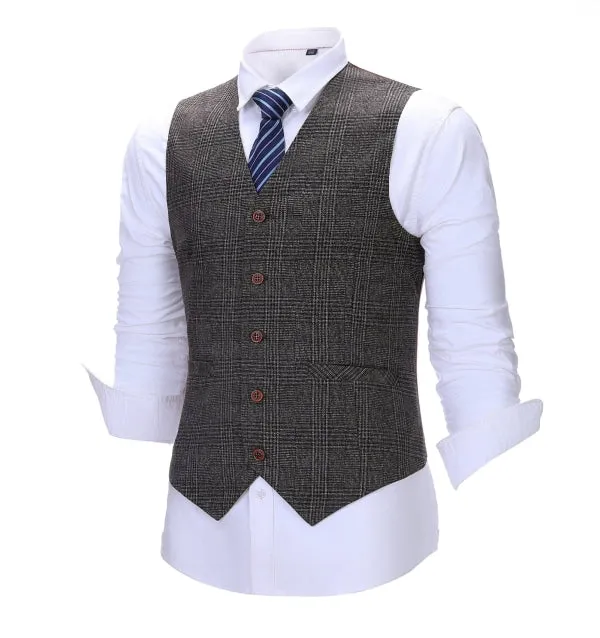 Men's Business 3 Pieces Formal Dark Coffee Tweed Notch Lapel Suit (Blazer vest Pants)