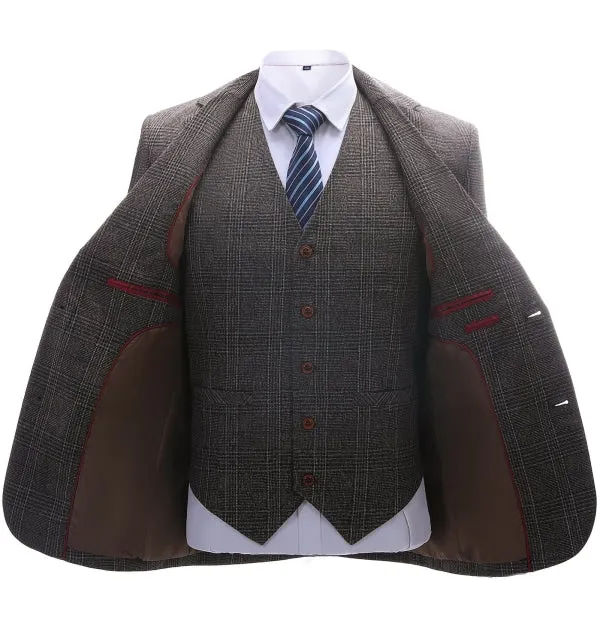 Men's Business 3 Pieces Formal Dark Coffee Tweed Notch Lapel Suit (Blazer vest Pants)