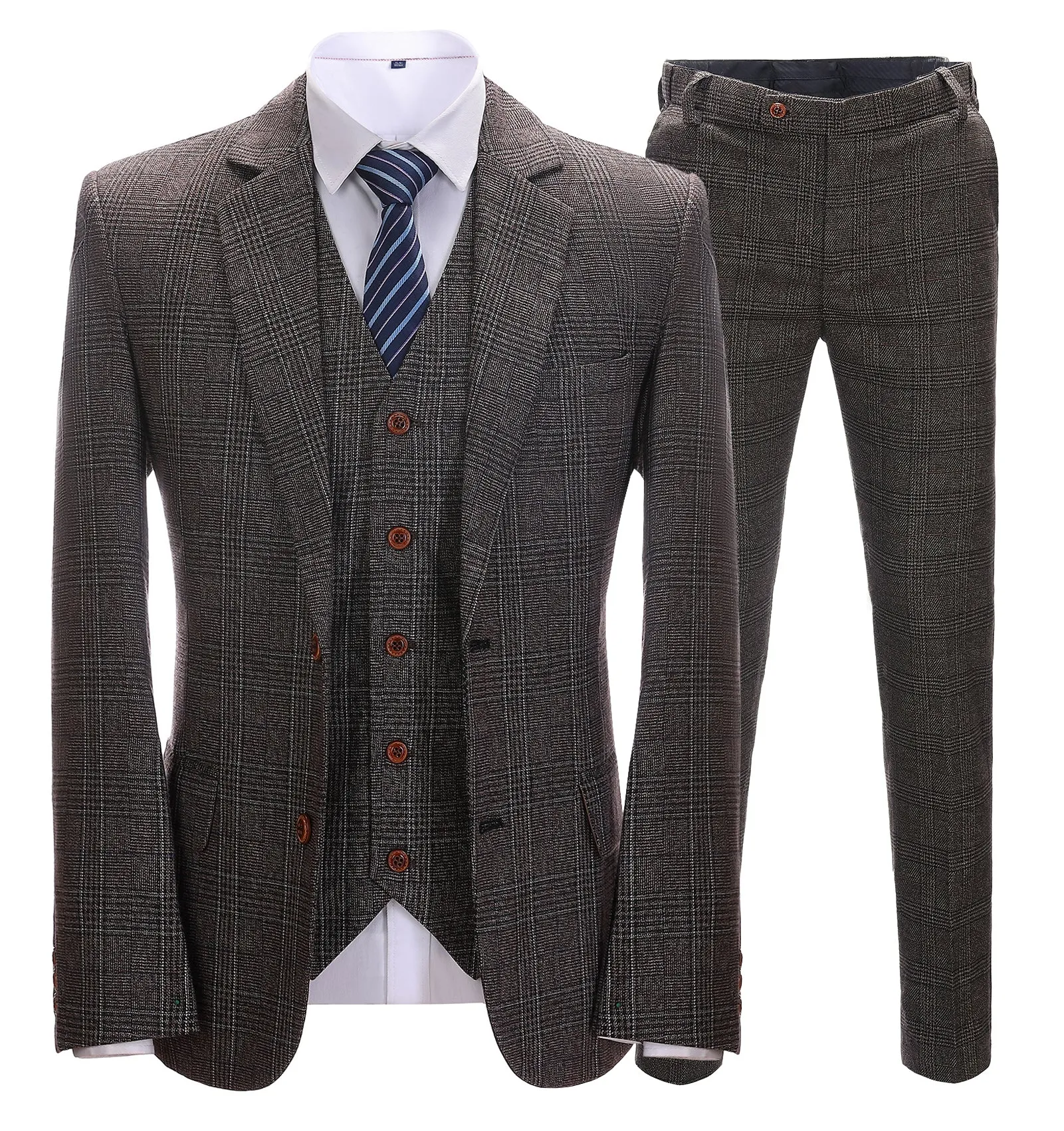 Men's Business 3 Pieces Formal Dark Coffee Tweed Notch Lapel Suit (Blazer vest Pants)