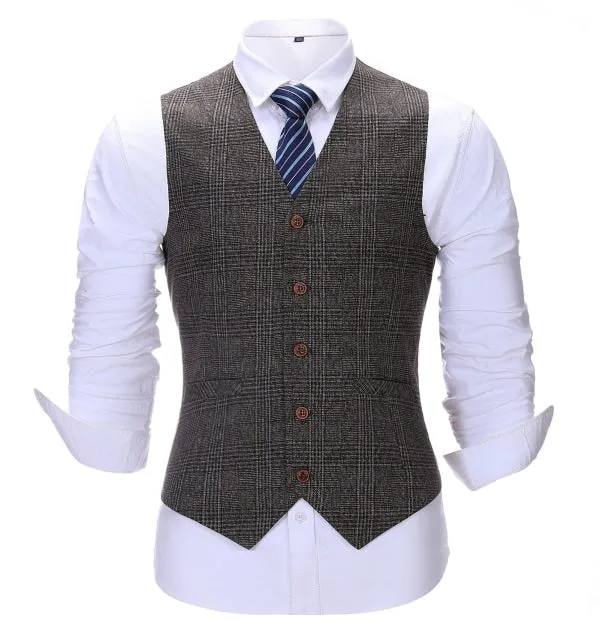 Men's Business 3 Pieces Formal Dark Coffee Tweed Notch Lapel Suit (Blazer vest Pants)